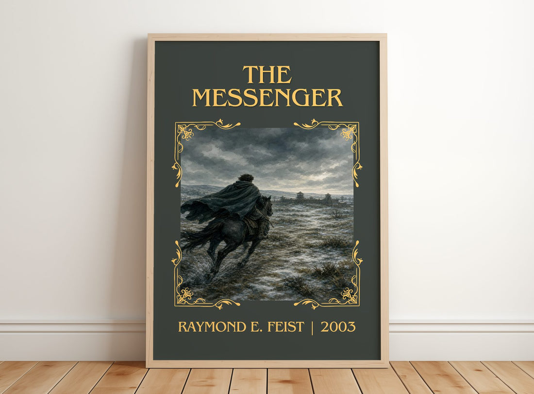 The Messenger Classic Book Art Print by Raymond E. Feist – framed print leaning on a wooden floor
