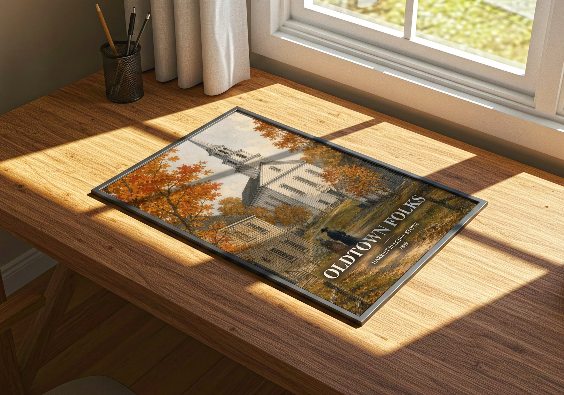 Oldtown Folks watercolour book poster framed on wall – historical fiction wall art