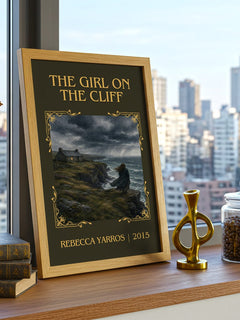 The Girl On The Cliff Classic Book Art Print by Rebecca Yarros – framed print on a city-view windowsill