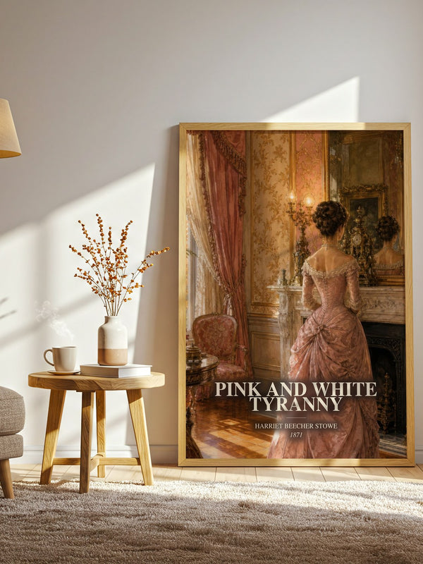 Pink And White Tyranny watercolour print in frame leaning in hallway – historical fiction wall art