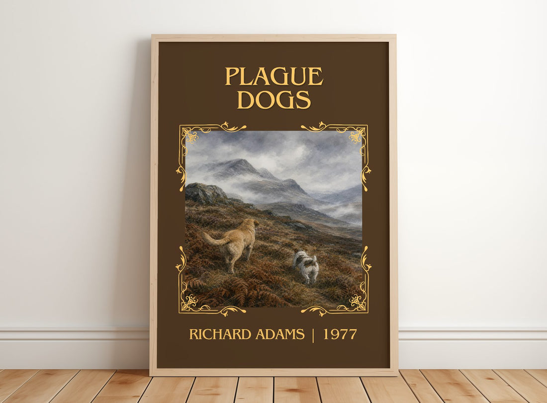 Plague Dogs Classic Book Art Print by Richard Adams – framed print leaning on a wooden floor