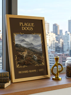 Plague Dogs Classic Book Art Print by Richard Adams – framed print on a city-view windowsill