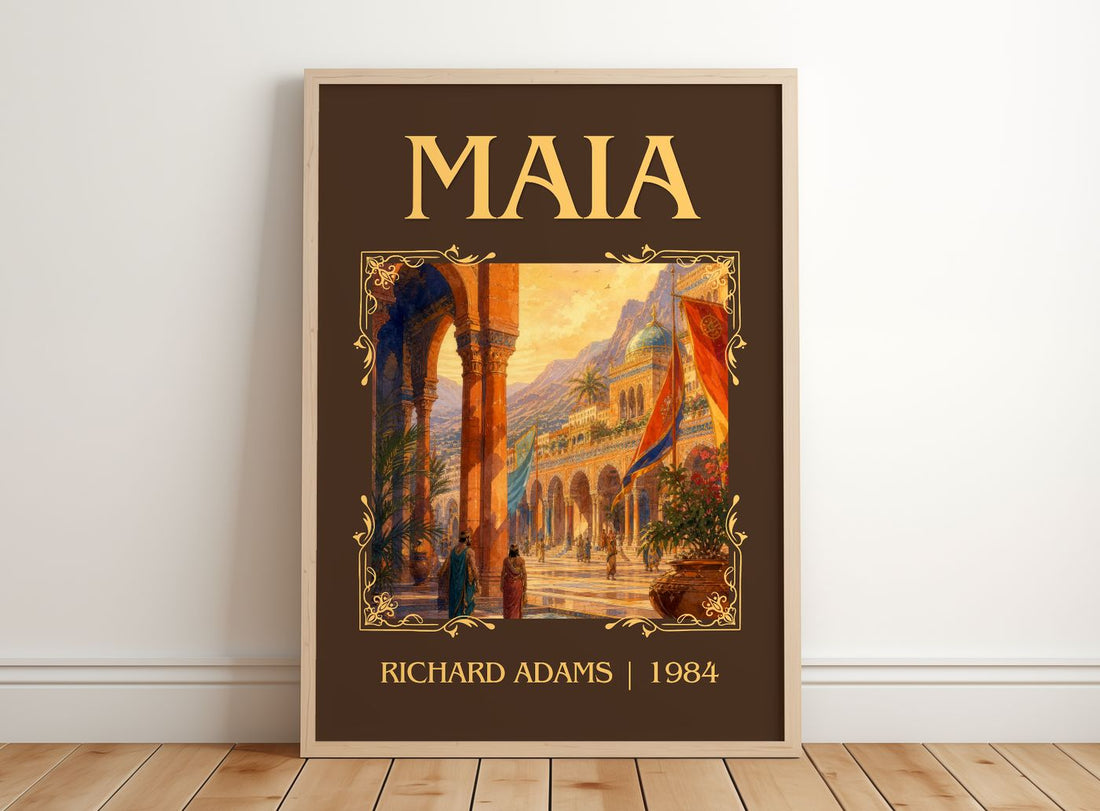 Maia Classic Book Art Print by Richard Adams – framed print leaning on a wooden floor