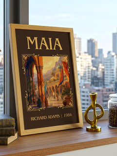 Maia Classic Book Art Print by Richard Adams – framed print on a city-view windowsill