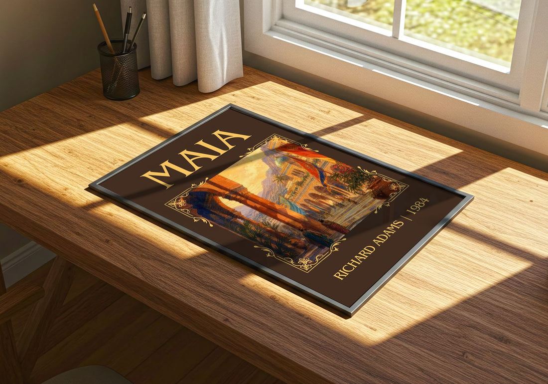 Maia Classic Book Art Print by Richard Adams – print on a sunlit desk