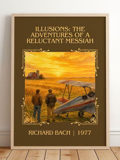 Illusions: The Adventures Of A Reluctant Messiah Classic Book Art Print by Richard Bach – framed print leaning on a wooden floor