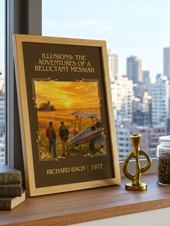 Illusions: The Adventures Of A Reluctant Messiah Classic Book Art Print by Richard Bach – framed print on a city-view windowsill
