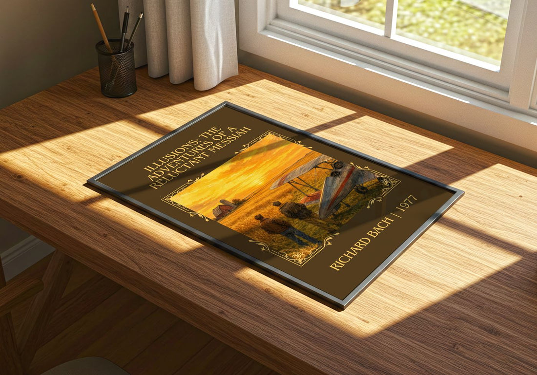 Illusions: The Adventures Of A Reluctant Messiah Classic Book Art Print by Richard Bach – print on a sunlit desk