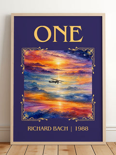 One Classic Book Art Print by Richard Bach – framed print leaning on a wooden floor
