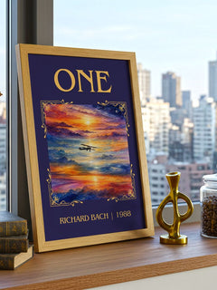 One Classic Book Art Print by Richard Bach – framed print on a city-view windowsill