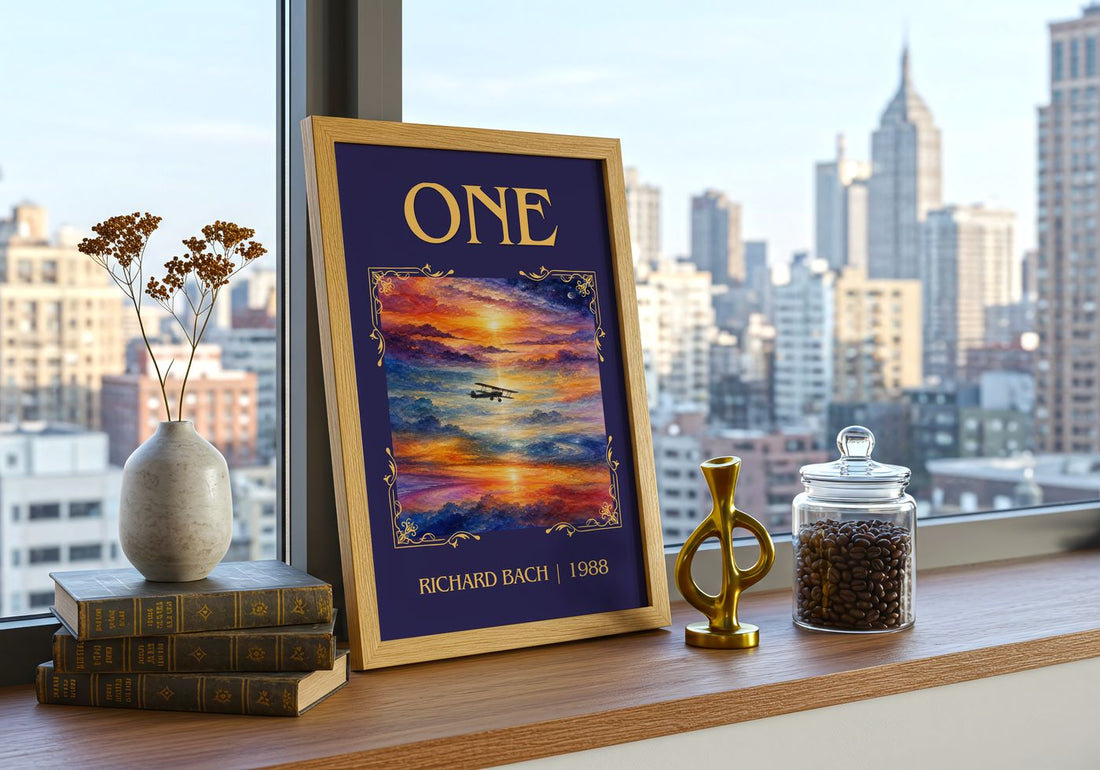 One Classic Book Art Print by Richard Bach – framed print on a city-view windowsill