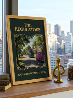 The Regulators Classic Book Art Print by Richard Bachman – framed print on a city-view windowsill