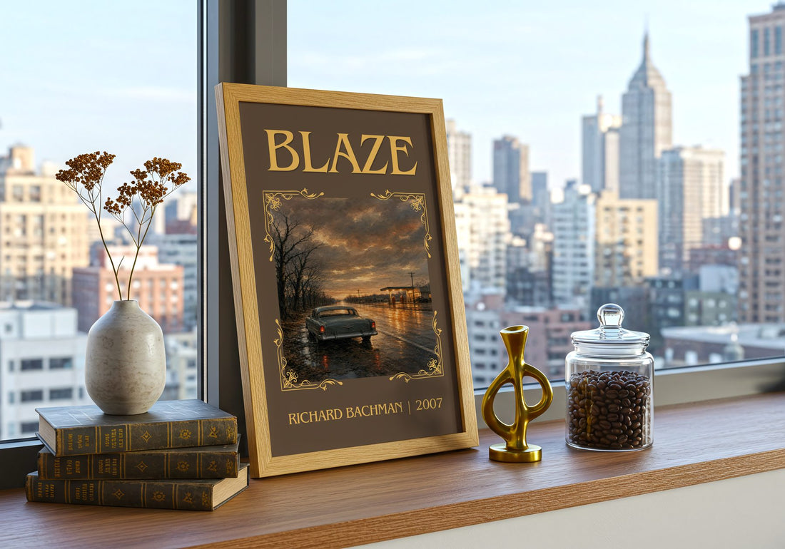 Blaze Classic Book Art Print by Richard Bachman – framed print on a city-view windowsill