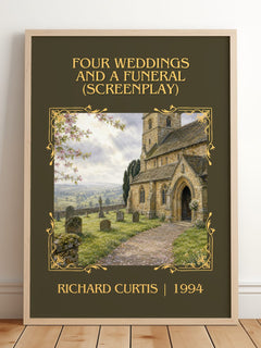 Four Weddings And A Funeral (Screenplay) Classic Book Art Print by Richard Curtis – framed print leaning on a wooden floor