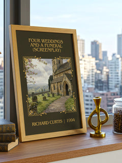 Four Weddings And A Funeral (Screenplay) Classic Book Art Print by Richard Curtis – framed print on a city-view windowsill