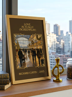 Love Actually (Screenplay) Classic Book Art Print by Richard Curtis – framed print on a city-view windowsill