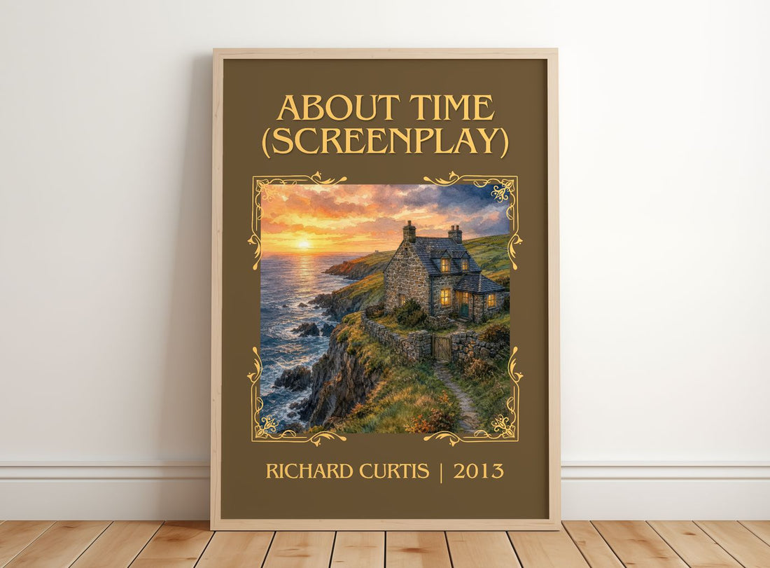 About Time (Screenplay) Classic Book Art Print by Richard Curtis – framed print leaning on a wooden floor