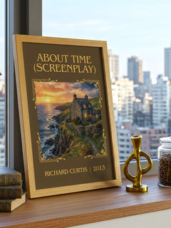 About Time (Screenplay) Classic Book Art Print by Richard Curtis – framed print on a city-view windowsill