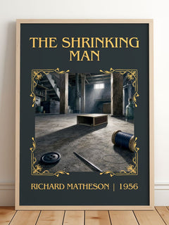The Shrinking Man Classic Book Art Print by Richard Matheson – framed print leaning on a wooden floor