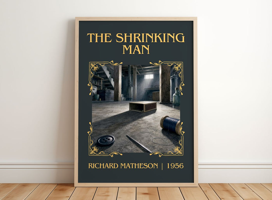 The Shrinking Man Classic Book Art Print by Richard Matheson – framed print leaning on a wooden floor