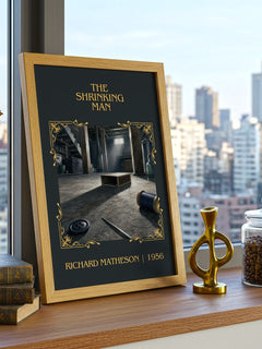 The Shrinking Man Classic Book Art Print by Richard Matheson – framed print on a city-view windowsill