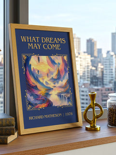 What Dreams May Come Classic Book Art Print by Richard Matheson – framed print on a city-view windowsill