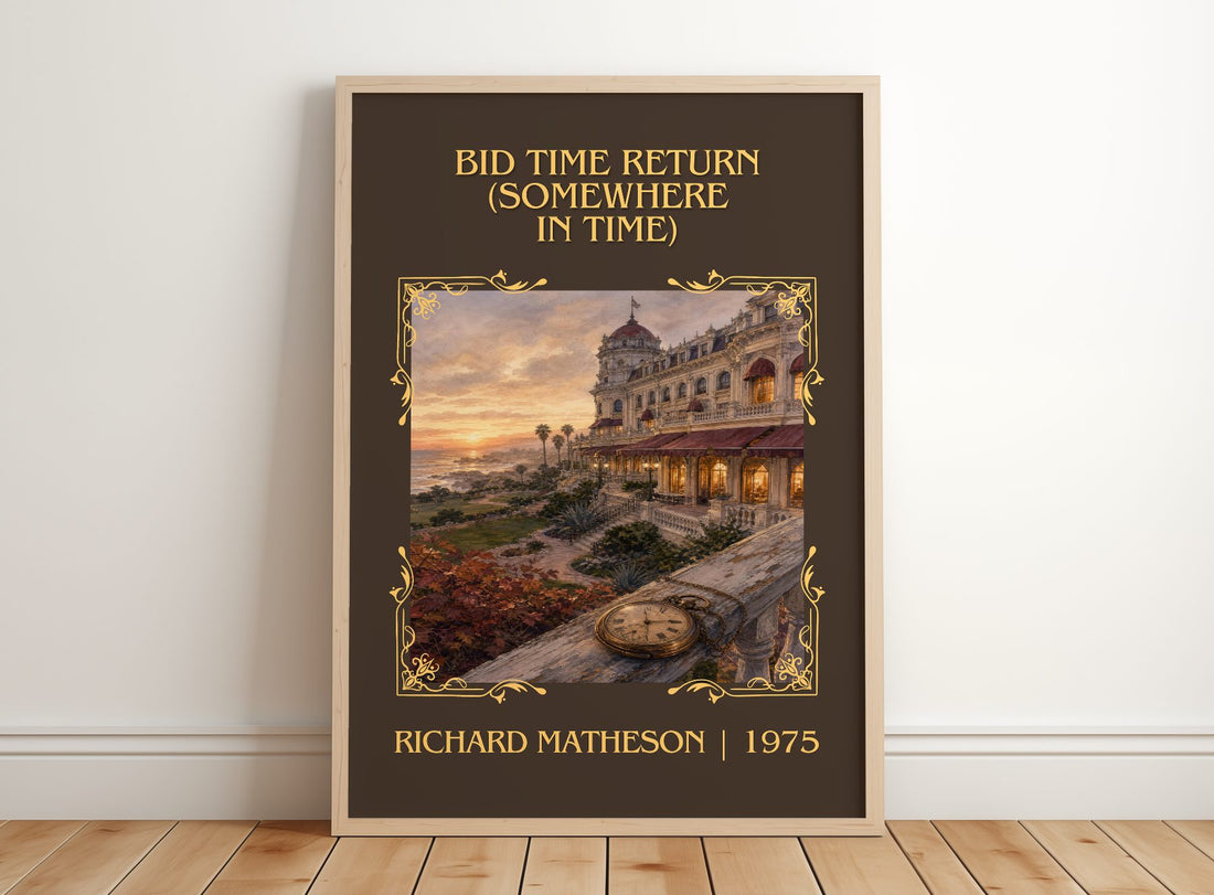 Bid Time Return (Somewhere In Time) Classic Book Art Print by Richard Matheson – framed print leaning on a wooden floor