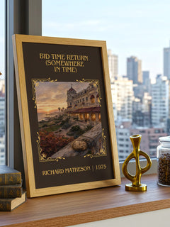 Bid Time Return (Somewhere In Time) Classic Book Art Print by Richard Matheson – framed print on a city-view windowsill