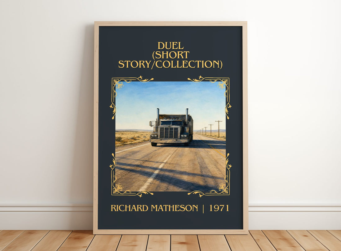 Duel (Short Story/Collection) Classic Book Art Print by R. Matheson – framed print leaning on a wooden floor