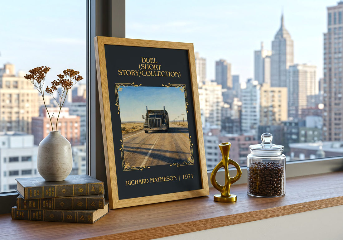 Duel (Short Story/Collection) Classic Book Art Print by R. Matheson – framed print on a city-view windowsill