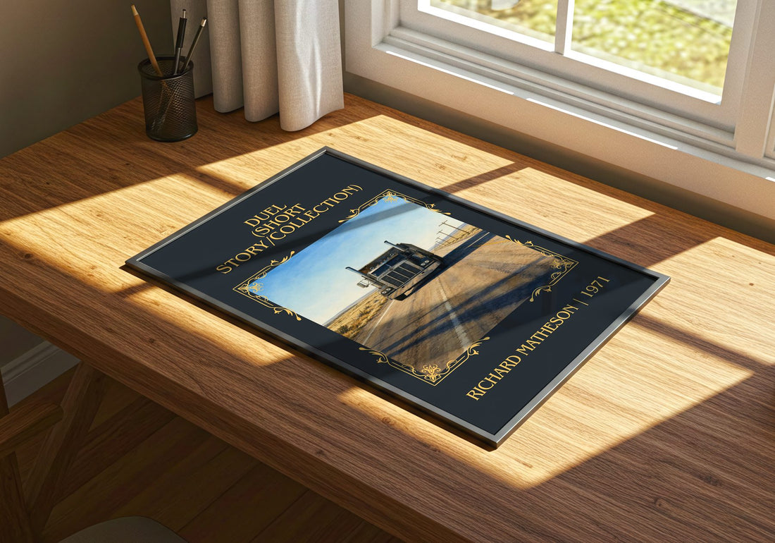 Duel (Short Story/Collection) Classic Book Art Print by R. Matheson – print on a sunlit desk