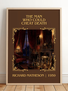 Man Who Could Cheat Death Classic Book Art Print by Richard Matheson – framed print leaning on a wooden floor
