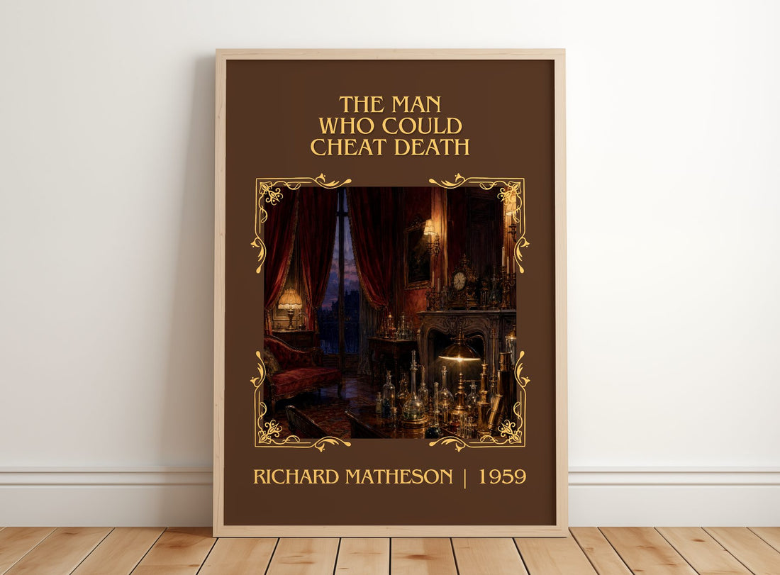 Man Who Could Cheat Death Classic Book Art Print by Richard Matheson – framed print leaning on a wooden floor