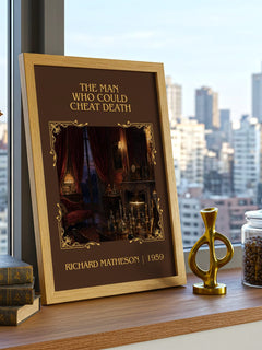 Man Who Could Cheat Death Classic Book Art Print by Richard Matheson – framed print on a city-view windowsill