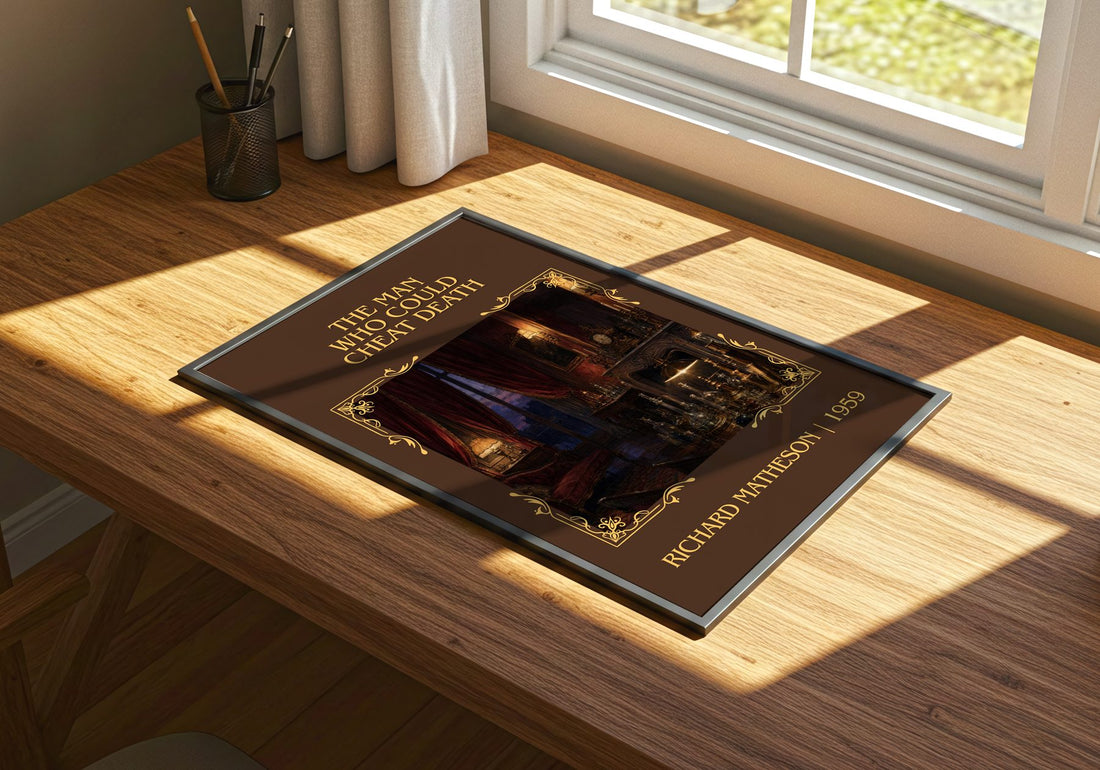 Man Who Could Cheat Death Classic Book Art Print by Richard Matheson – print on a sunlit desk