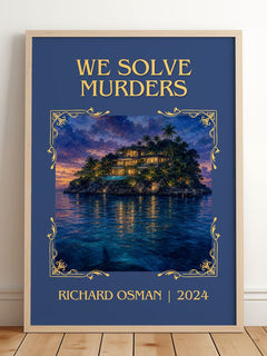 We Solve Murders Classic Book Art Print by Richard Osman – framed print leaning on a wooden floor