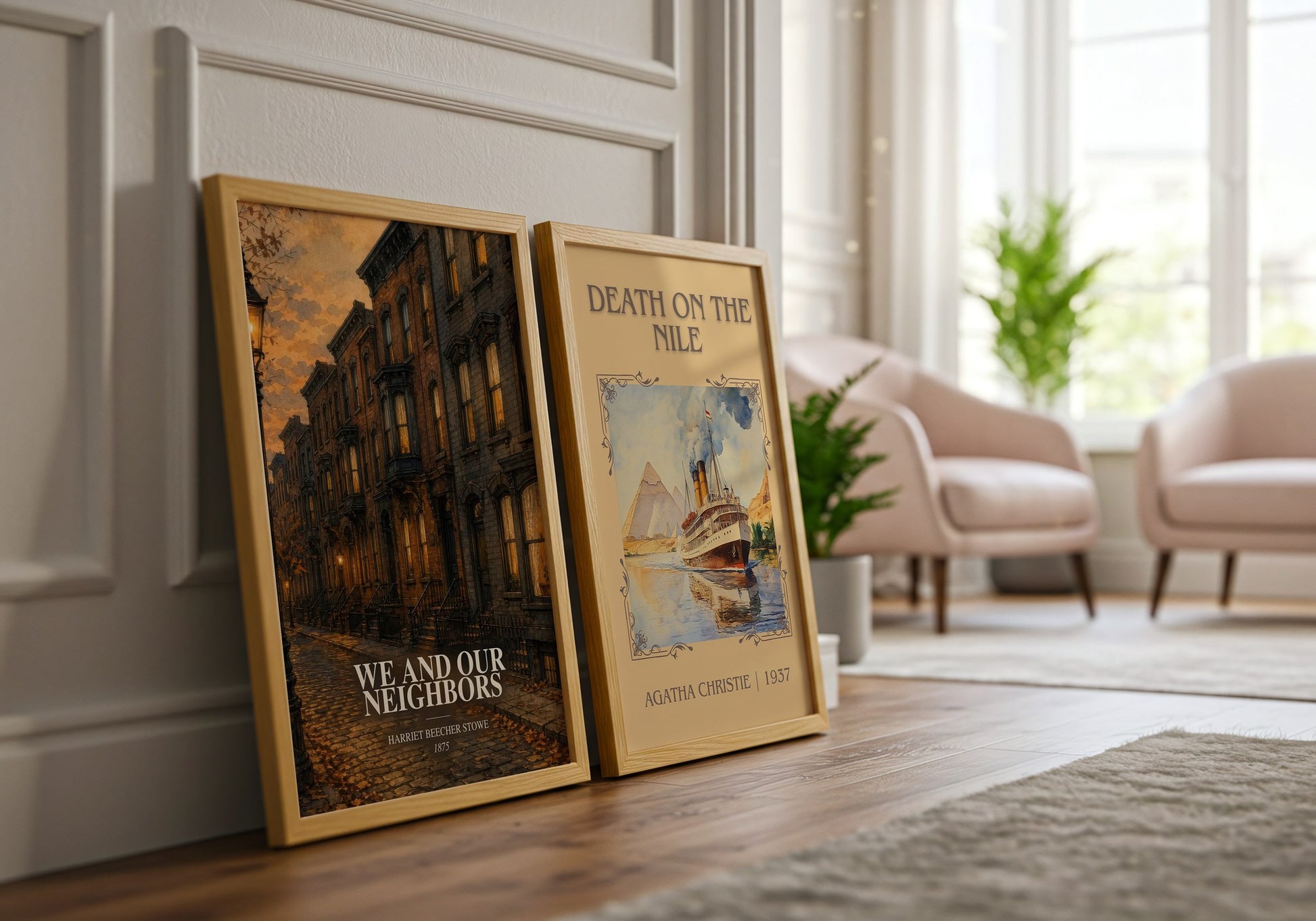 We And Our Neighbors watercolour print framed by window – literary home decor