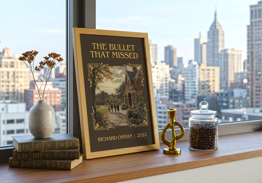 The Bullet That Missed Classic Book Art Print by Richard Osman – framed print on a city-view windowsill
