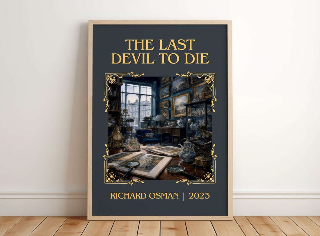 The Last Devil To Die Classic Book Art Print by Richard Osman – framed print leaning on a wooden floor