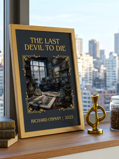 The Last Devil To Die Classic Book Art Print by Richard Osman – framed print on a city-view windowsill