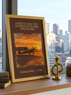 Over To You: Ten Stories Of Flyers And Flying Classic Book Art Print by Roald Dahl – framed print on a city-view windowsill