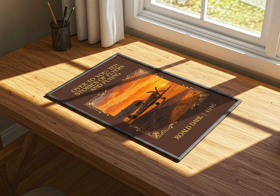 Over To You: Ten Stories Of Flyers And Flying Classic Book Art Print by Roald Dahl – print on a sunlit desk