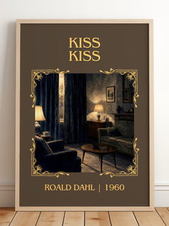 Kiss Kiss Classic Book Art Print by Roald Dahl – framed print leaning on a wooden floor