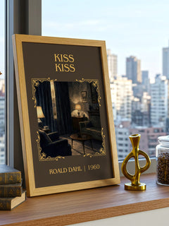 Kiss Kiss Classic Book Art Print by Roald Dahl – framed print on a city-view windowsill
