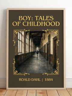 Boy: Tales Of Childhood Classic Book Art Print by Roald Dahl – framed print leaning on a wooden floor
