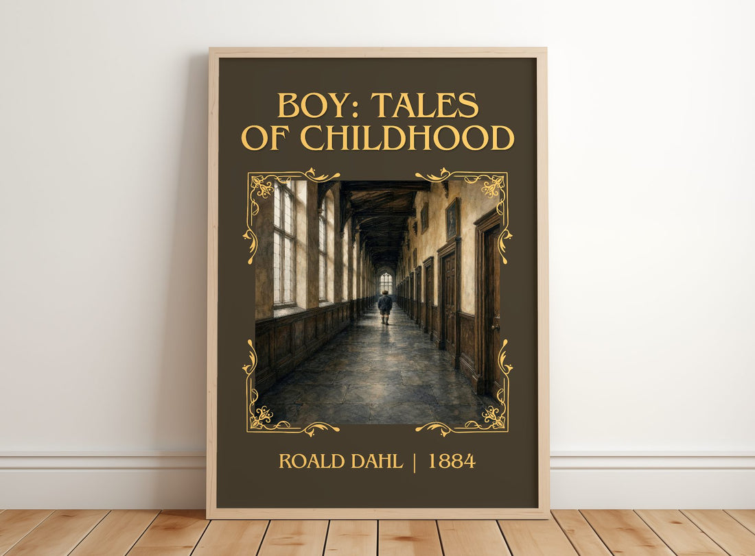 Boy: Tales Of Childhood Classic Book Art Print by Roald Dahl – framed print leaning on a wooden floor