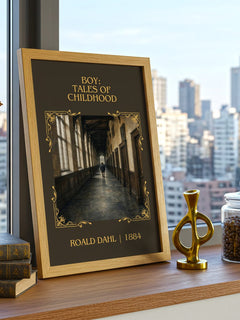 Boy: Tales Of Childhood Classic Book Art Print by Roald Dahl – framed print on a city-view windowsill