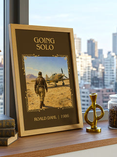 Going Solo Classic Book Art Print by Roald Dahl – framed print on a city-view windowsill