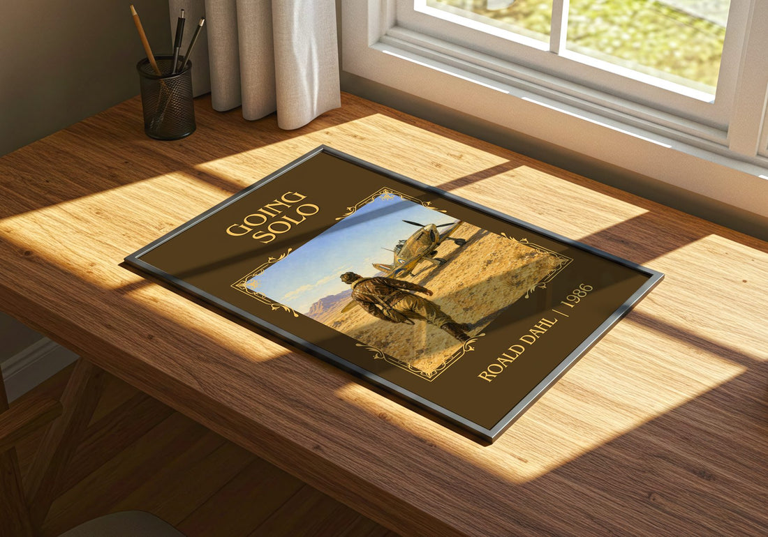 Going Solo Classic Book Art Print by Roald Dahl – print on a sunlit desk