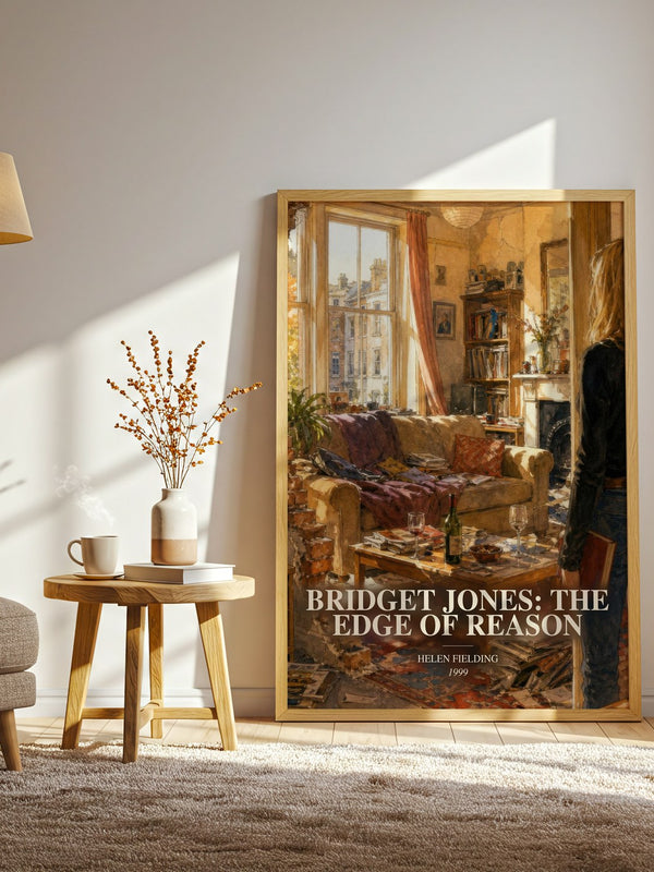 Bridget Jones: The Edge Of Reason watercolour print in frame leaning in hallway – contemporary fiction wall art